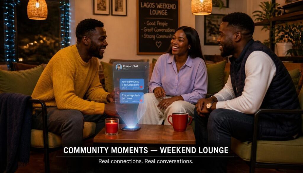 Nigerian creator smiling while interacting with fans at a vibrant lounge
