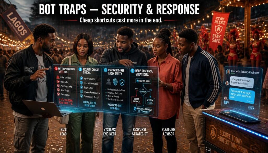 Warns against cheap bot traps, highlights security checks, password-free login safety, and drop response strategies.