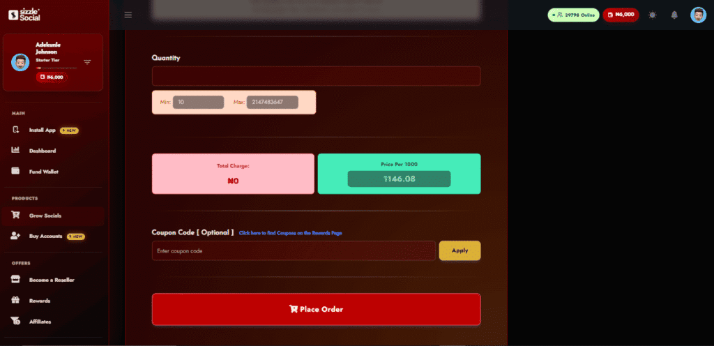 Step three tutorial on entering follower quantities and placing orders