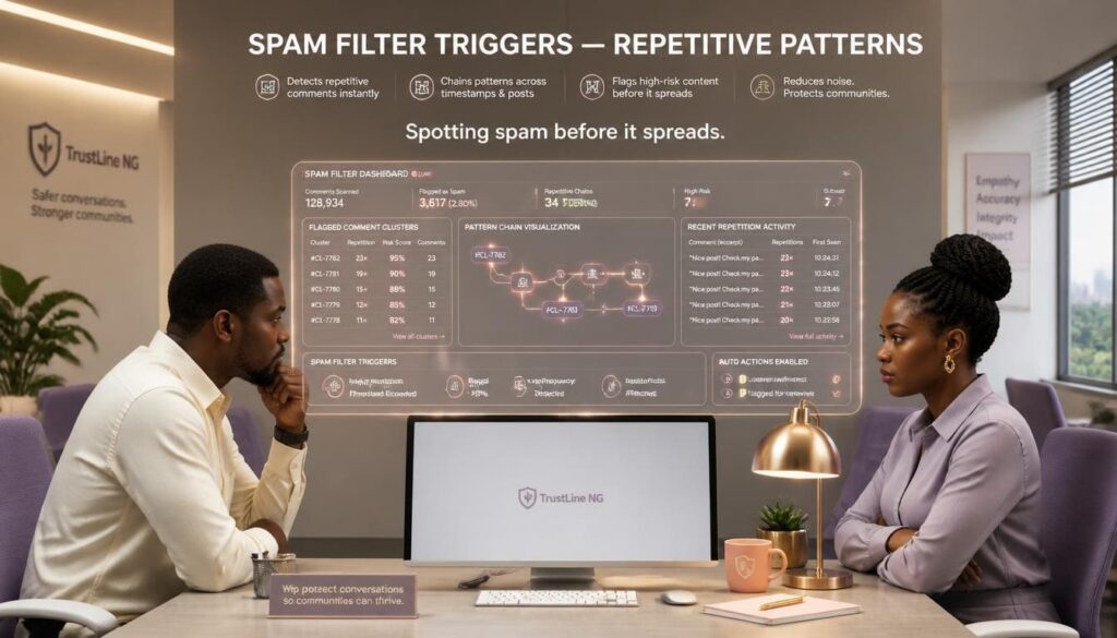 Screenshot of a computer monitor displaying flagged repetitive comments and automated bot responses.