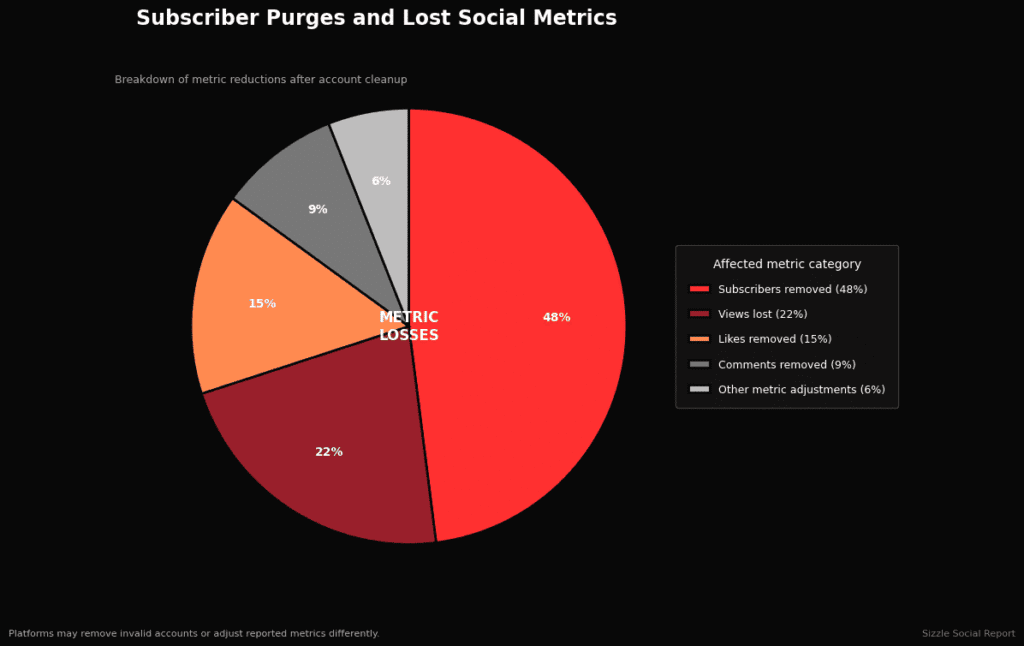 Pie chart breakdown showing fake subscriber drop rates following platform security sweeps