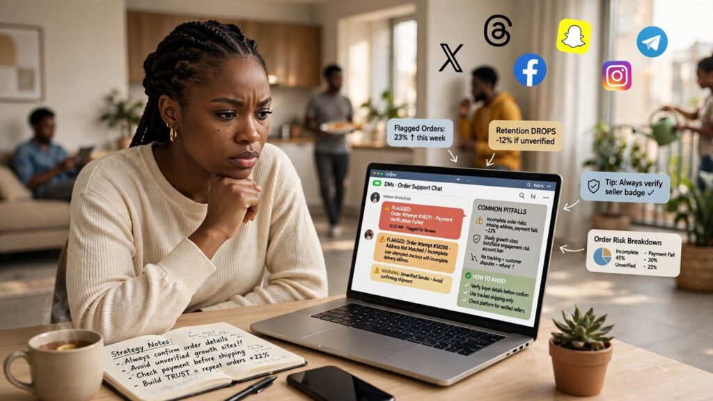 Informative infographic highlighting risks and warnings associated with unverified social media growth websites.