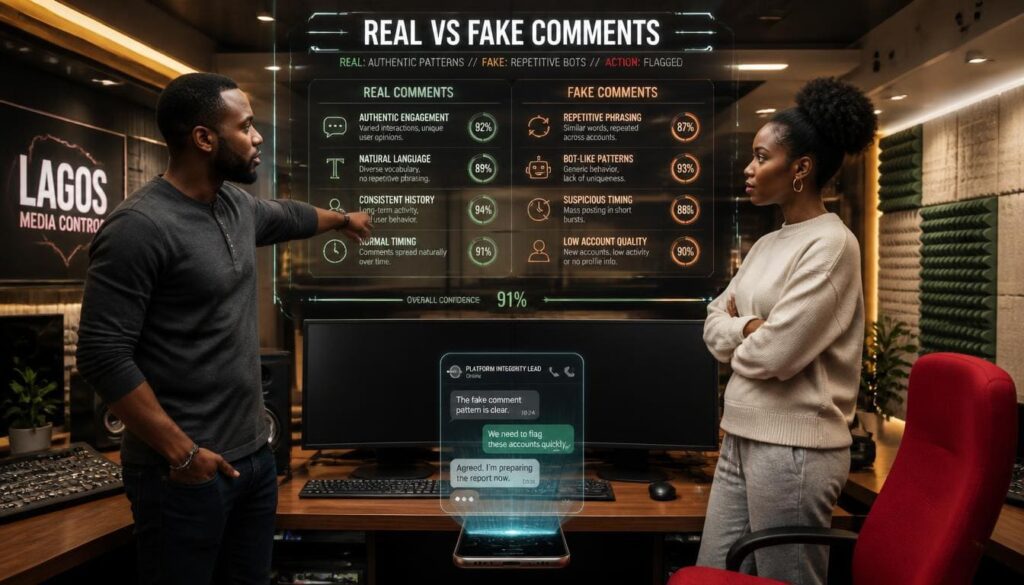 infographic comparing vanity metrics against authentic community interaction and text quality.