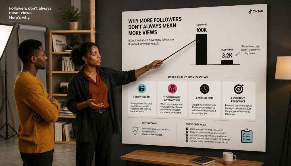 Infographic graphic breaking down the essential differences between passive follower counts and active video views.