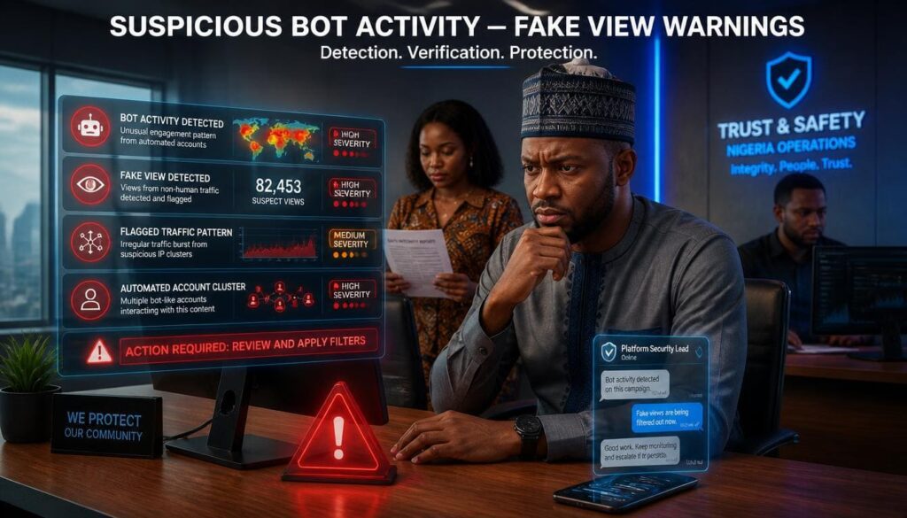 Infographic highlighting warning signs of fake social media views and bot accounts