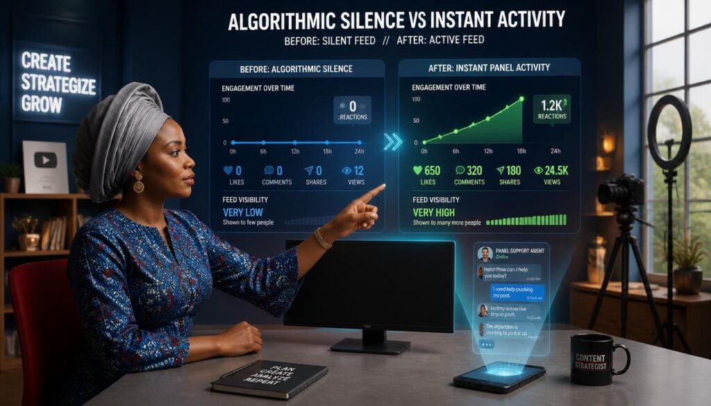 Visual diagram showing how panels give new posts necessary activity to beat algorithmic silence
