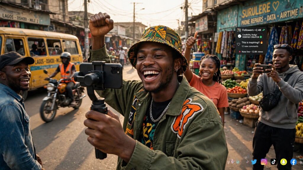 Joyful Nigerian creator filming a viral video inside a vibrant creator studio with good vibes
