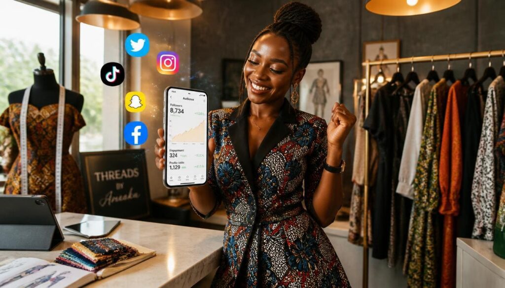 oyful Nigerian fashion vendor celebrating growing follower counts inside a stylish boutique.