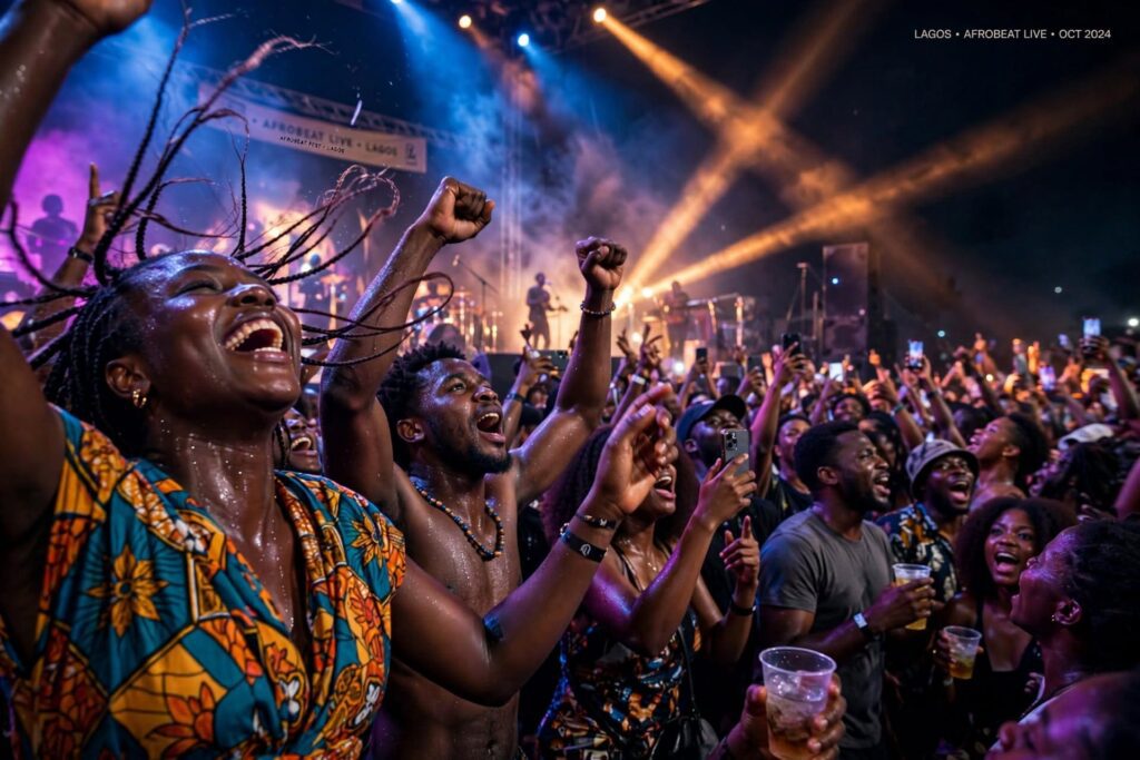 Joyful music fans cheering and waving hands during a lively live afrobeat concert