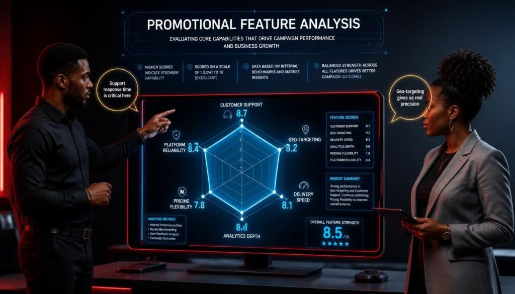 Radar chart highlighting delivery speed, secure payment options, and geo-targeting