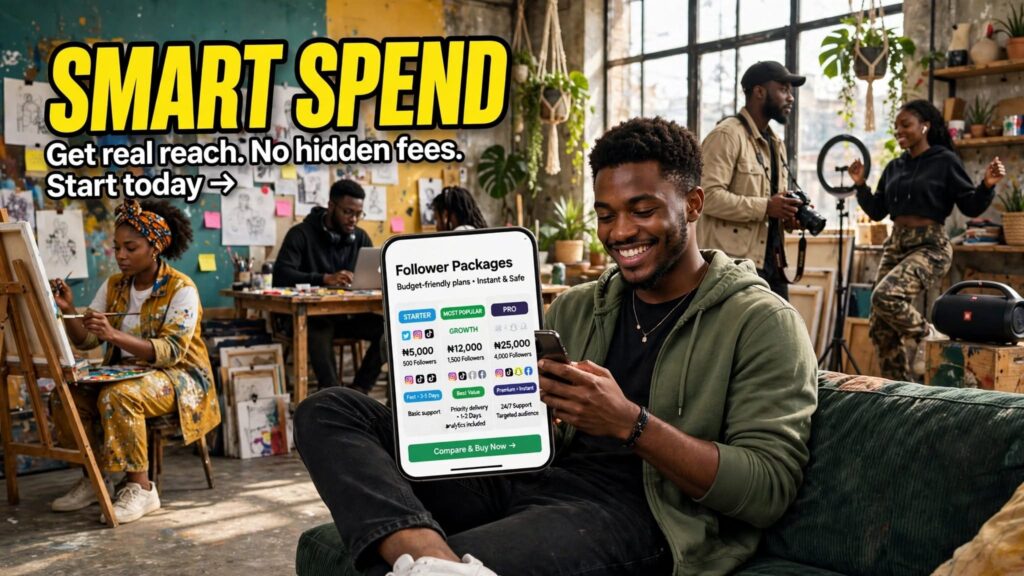Young Nigerian startup founder smiling while checking affordable growth packages on a smartphone