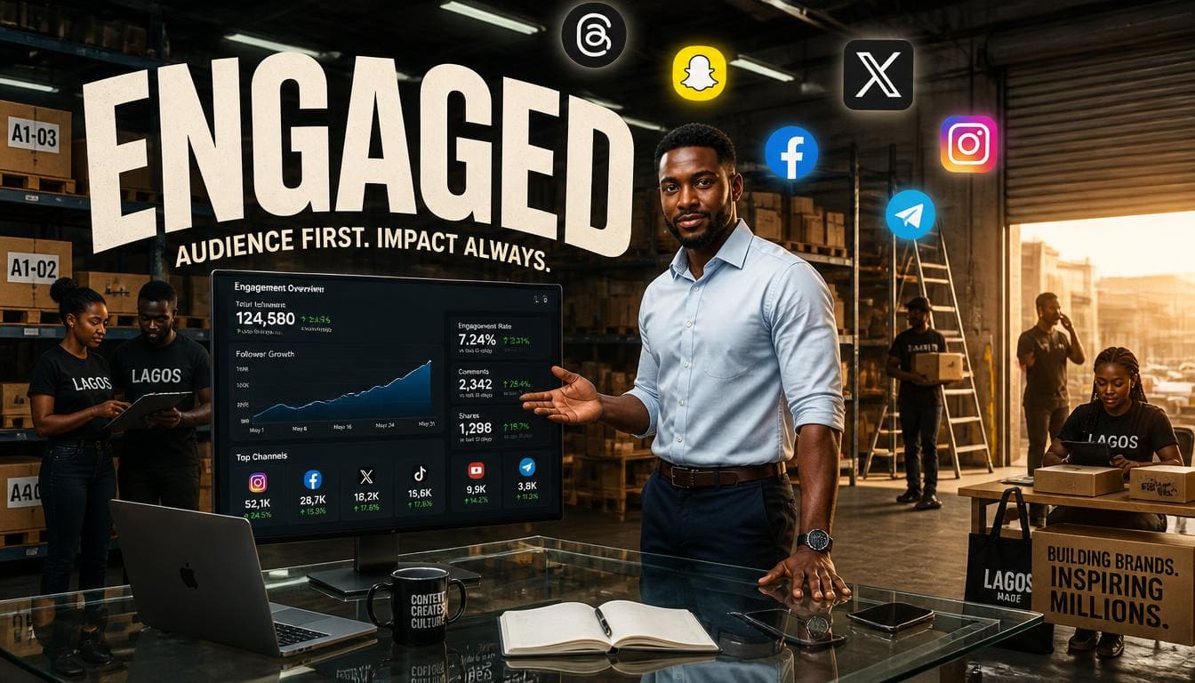 Professional Nigerian creator reviewing high engagement metrics on a modern glass desk office.
