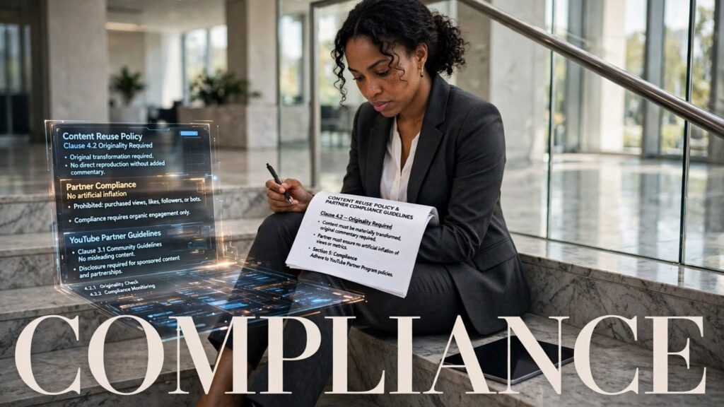 A Nigerian legal advisor reviewing channel compliance and copyright terms on modern office stairs