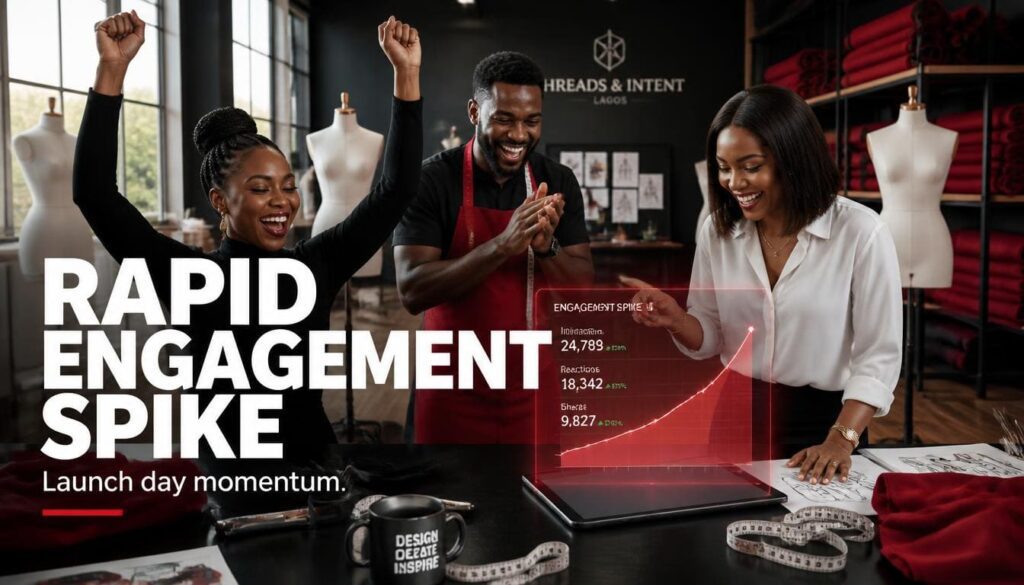 Energetic team members celebrating a successful product launch inside a dynamic office.