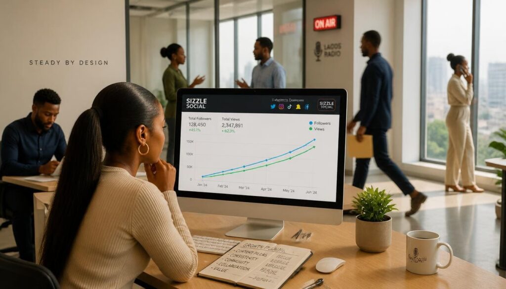 Line chart tracking rapid and reliable social media growth using Sizzle Social.