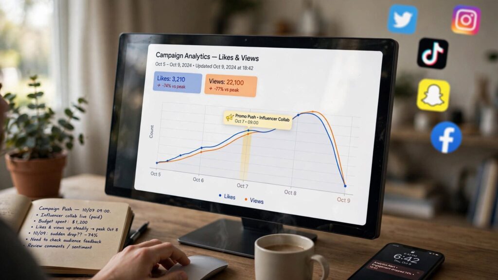 Line chart illustrating a sharp decline in digital interaction metrics overnight.
