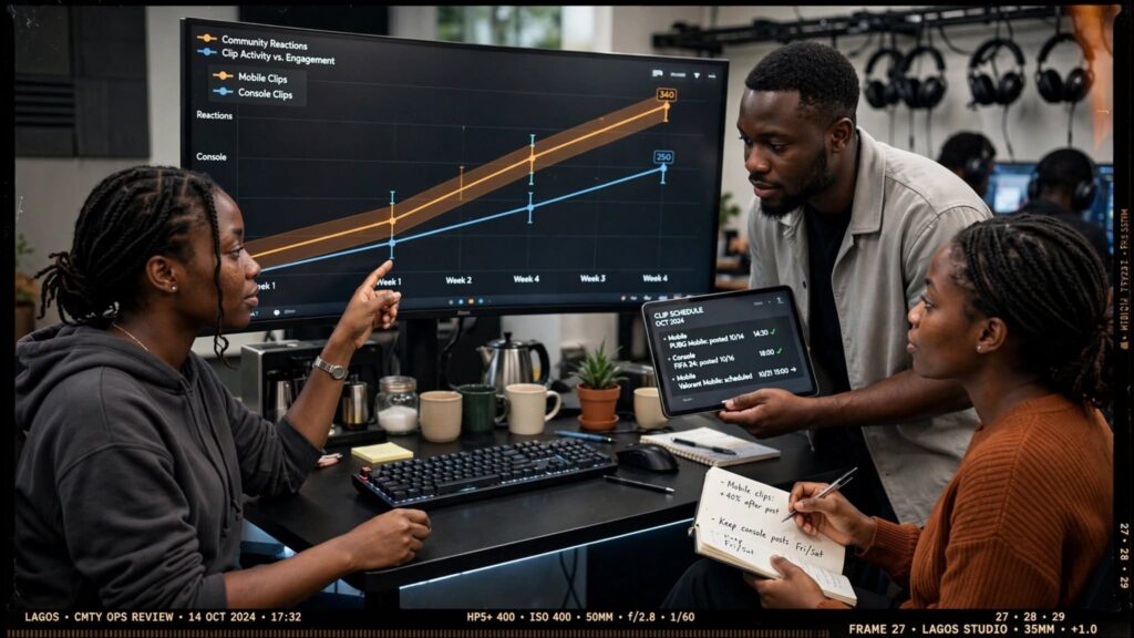 Line chart tracking engagement rates after publishing tailored game clips versus random internet memes.