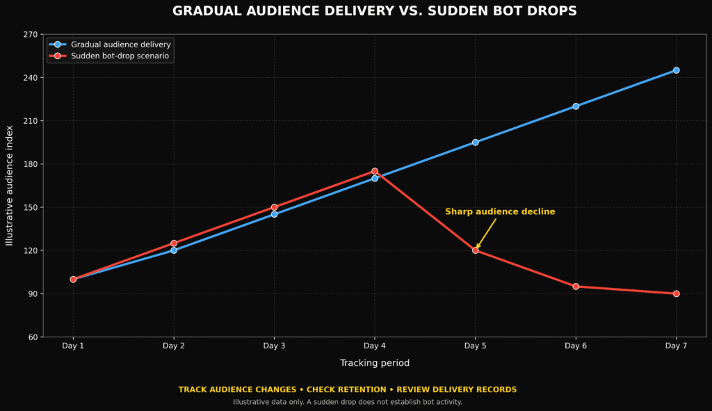 Line chart showing safe gradual audience delivery compared to risky overnight spikes