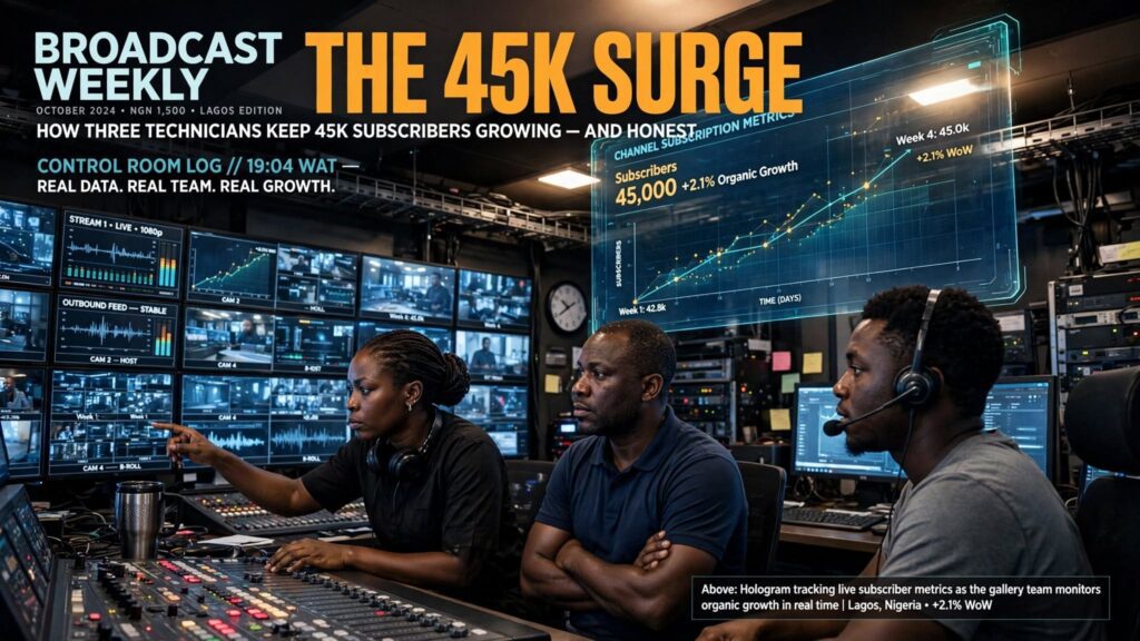 High-tech broadcast station control room displaying channel subscriber data