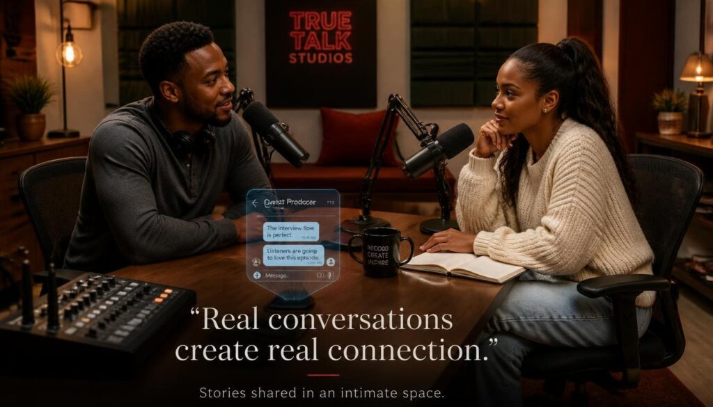 Podcast studio setup with microphones capturing conversations on social media engagement strategies