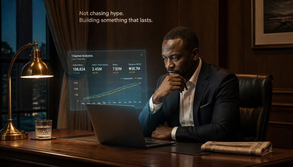 Nigerian entrepreneur refining video strategy in hotel business lounge