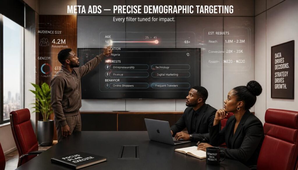 Digital strategist setting up targeted demographic ad campaigns on a computer in a corporate conference room.