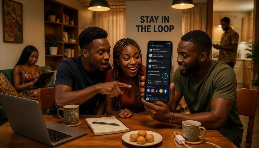 Smartphone screen displaying active push notifications for social media campaign progress.