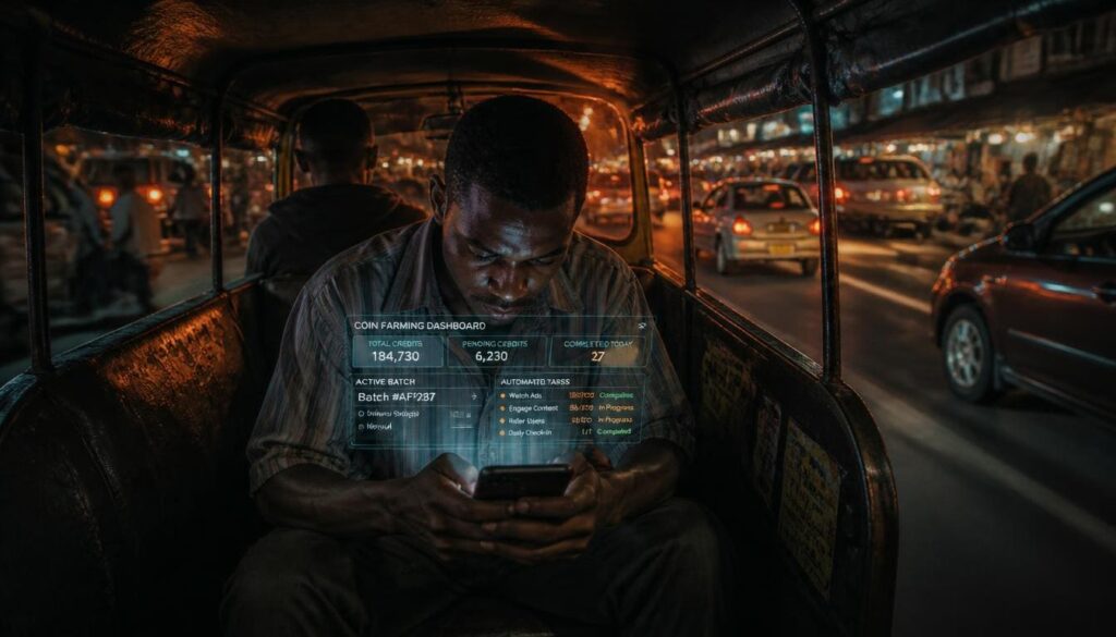 A mobile phone showing coin balance tasks inside a follower booster app.