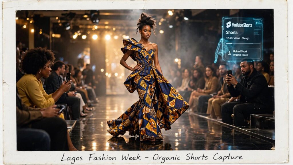 A fashion model walking a brightly lit Lagos runway while attendees record vertical video clips