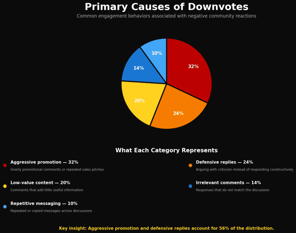 Visual pie chart categorizing primary downvote causes including aggressive promotion and defensive replies