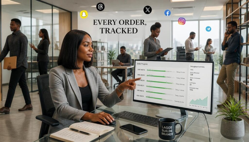 Content creator checking profile metrics on a sleek office glass desk in Lagos