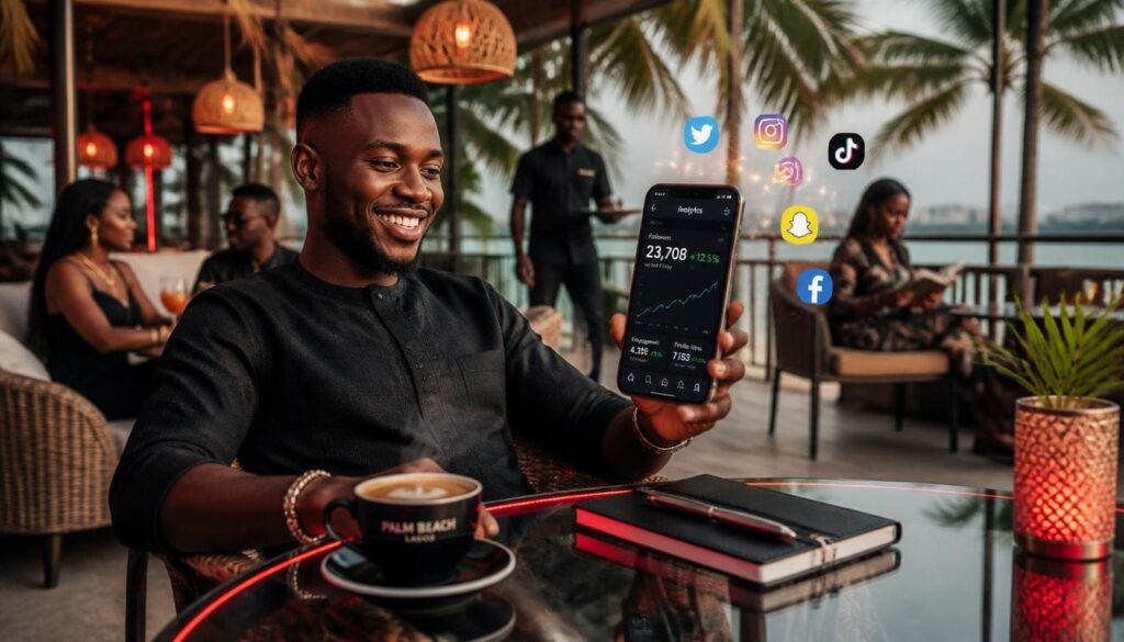 Close up view of a Nigerian creator using a modern mobile boosting dashboard application.