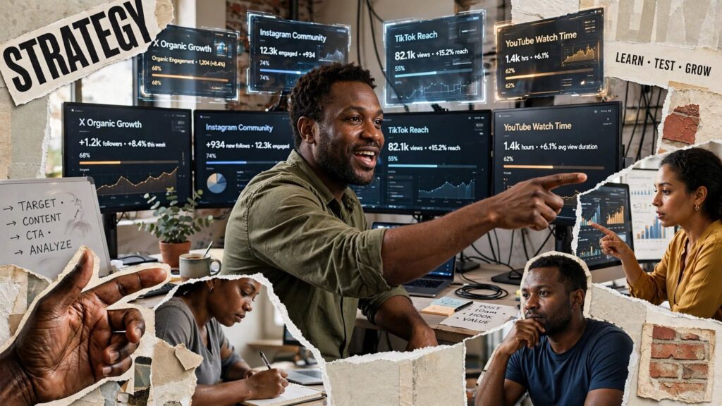 Multiple monitors displaying synchronized social media growth campaigns.