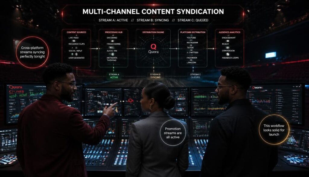 Workflow screenshot showing content syndication from Quora answers to LinkedIn and newsletters