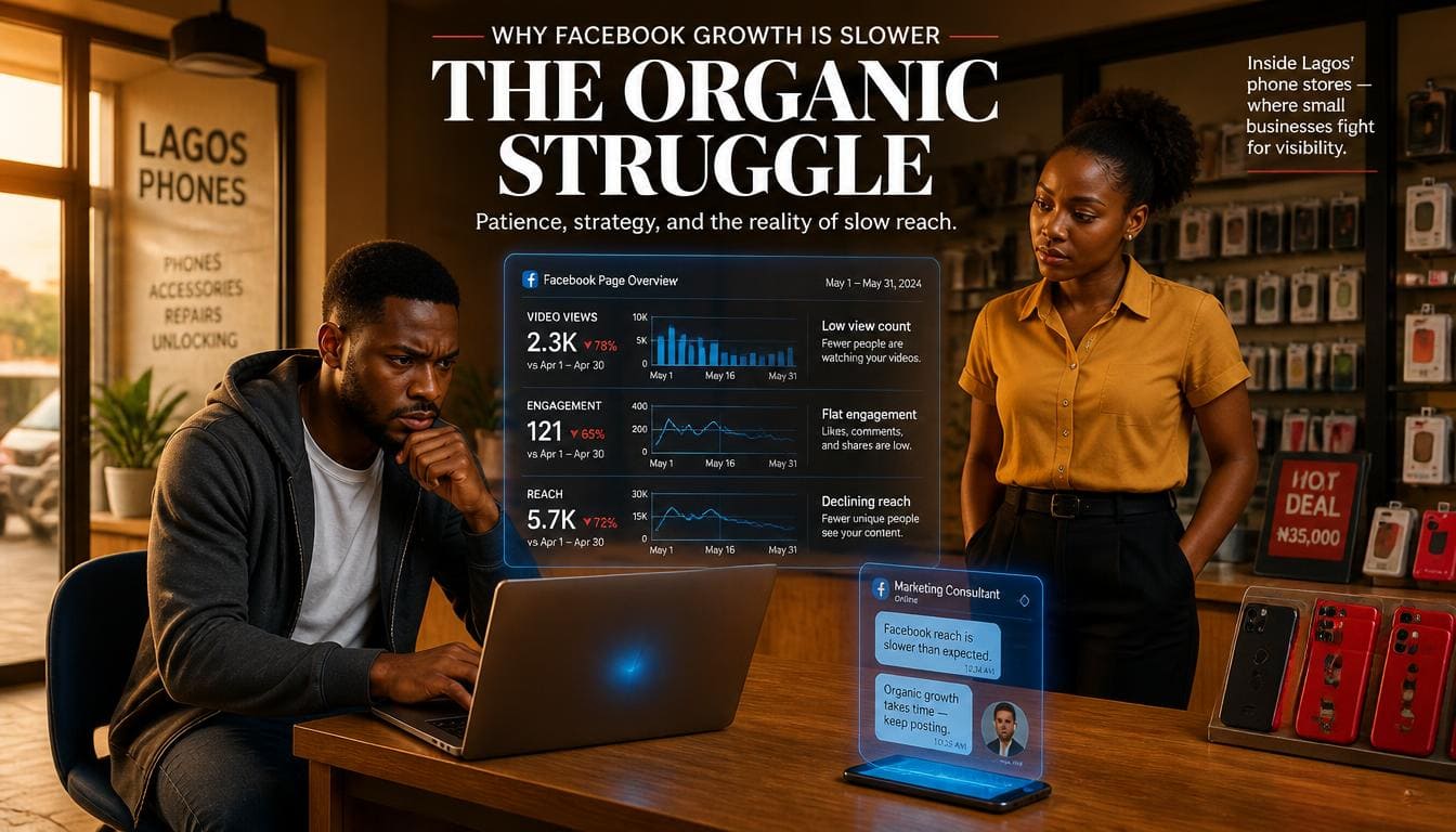 Nigerian digital entrepreneur reviewing social media analytics on a glass desk in an office