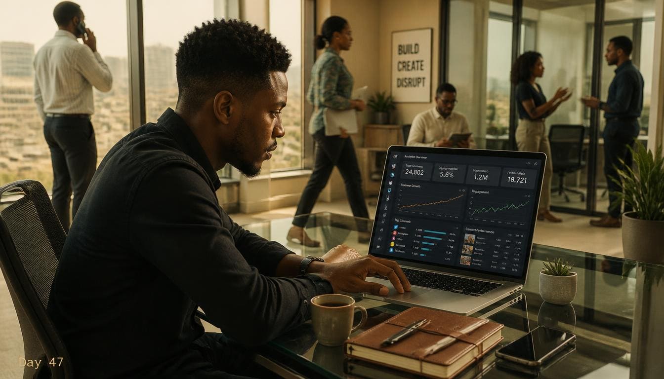 Nigerian creator managing social media accounts on a laptop in a modern Lagos office desk setup