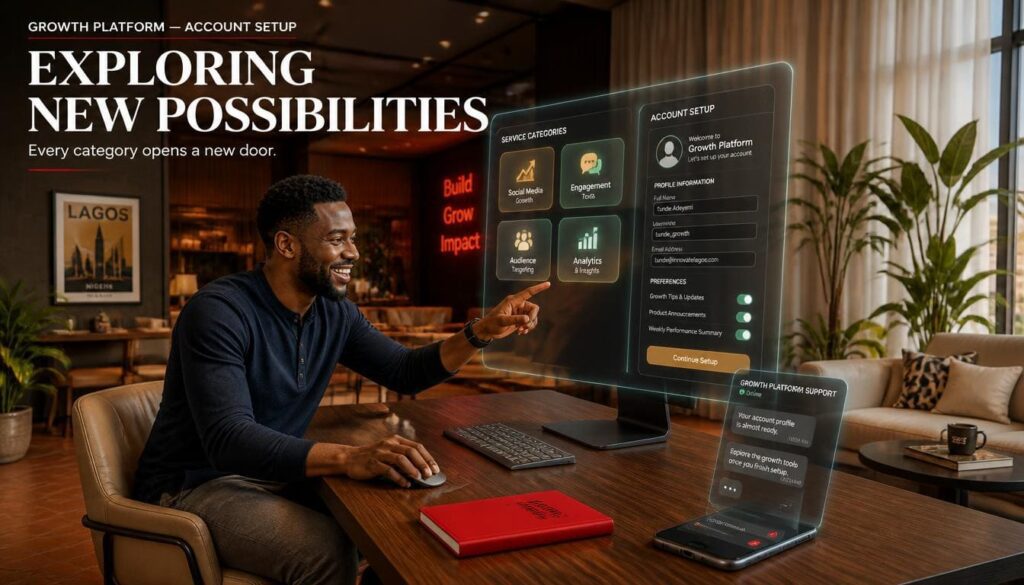 New user setting up dashboard preferences on a modern computer inside a bright digital studio.