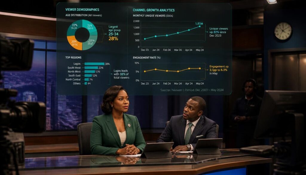 TV newscaster standing near digital screens displaying subscriber analytics