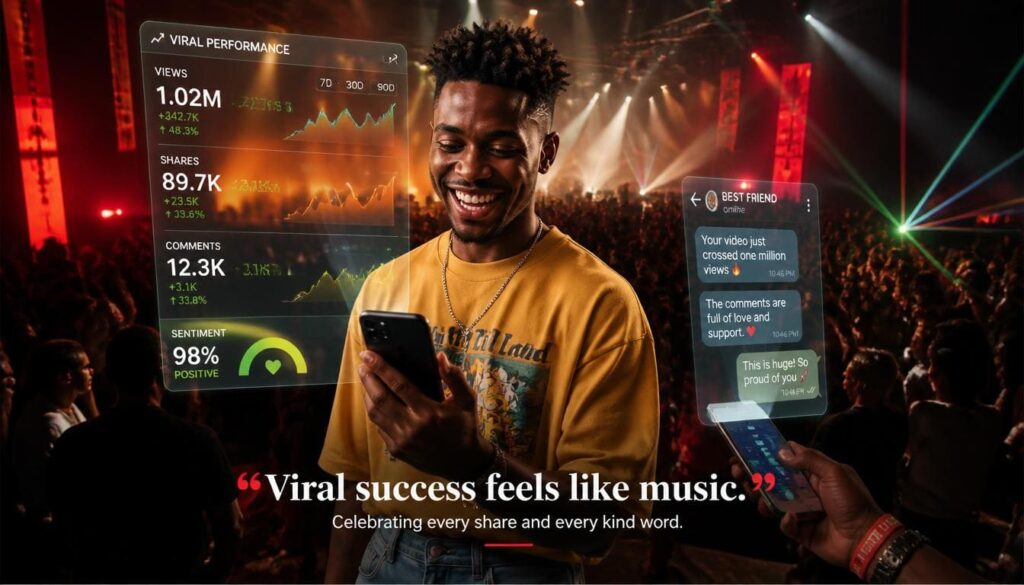 Excited Nigerian creator experiencing joy after a successful local street interview video