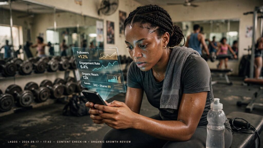 A young Nigerian creator taking a break in a modern Lagos gym to review subscriber counts