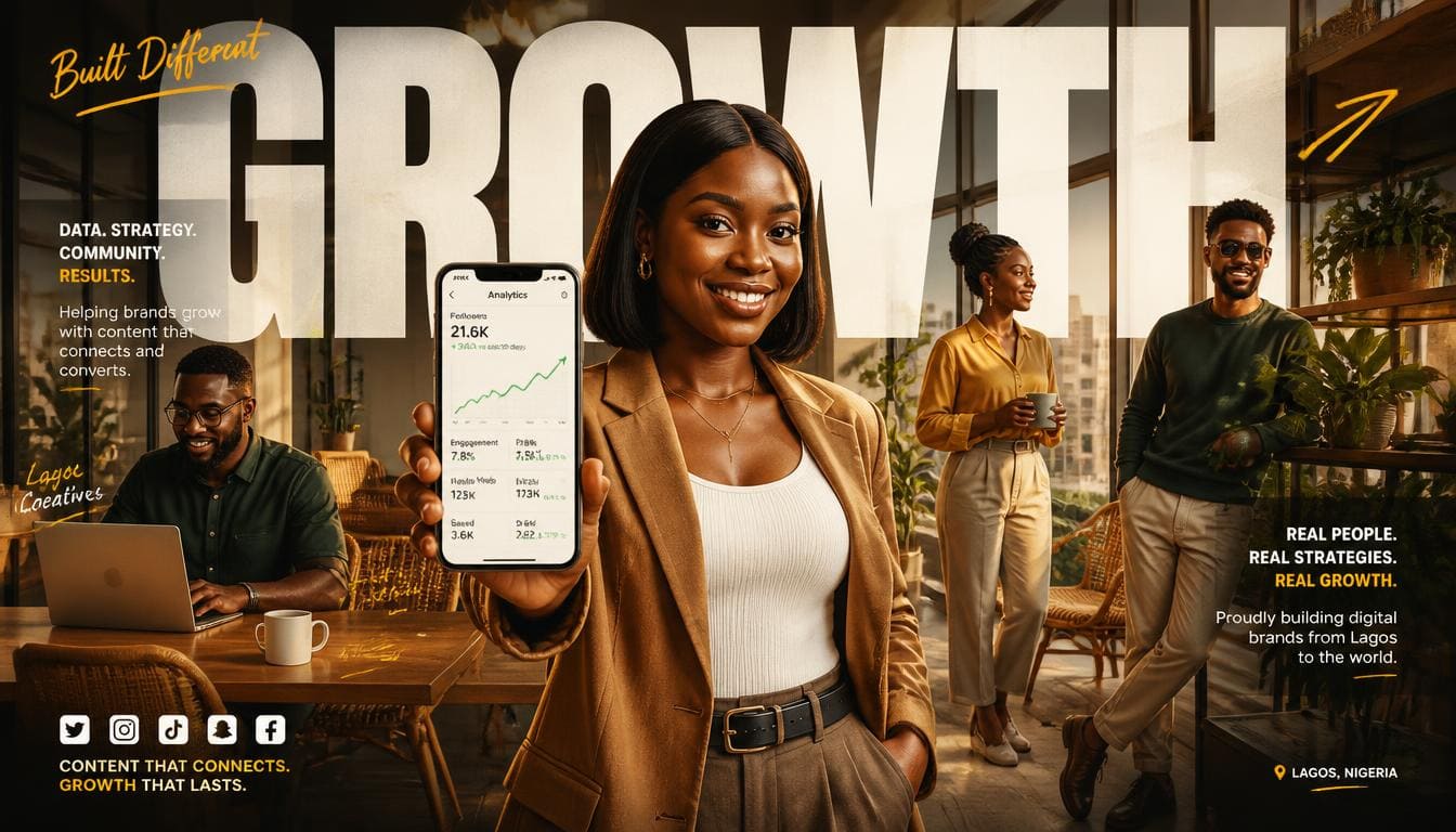 A Nigerian content creator smiling while checking growth metrics on a smartphone in a modern Lagos lounge