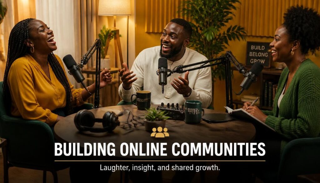 Nigerian creators sharing joyful moments during a lively digital media podcast recording session.