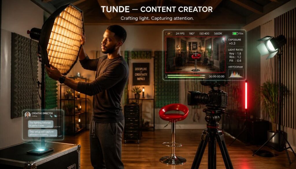 Focused Nigerian creator recording engaging video content inside a professional studio