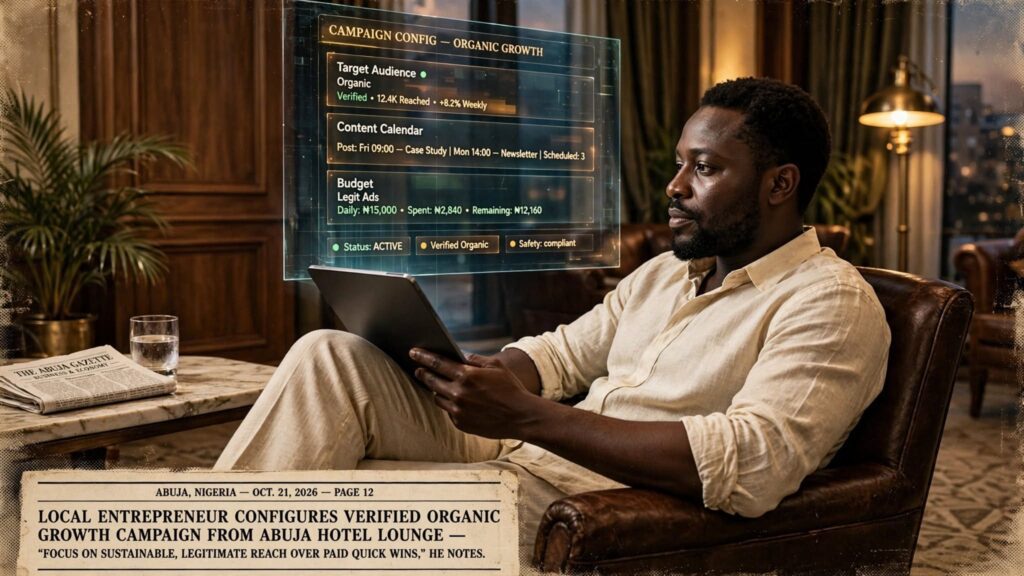 A Nigerian businesswoman relaxing in a luxury hotel lounge while setting up promotional growth campaigns