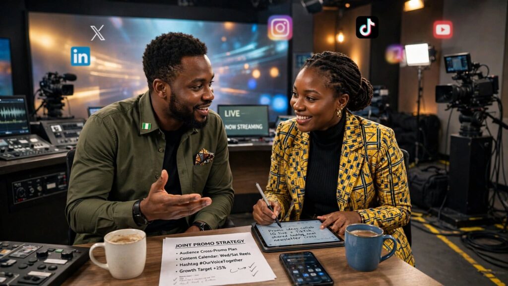 Two smiling Nigerian creators collaborating on a professional television broadcast set for visibility