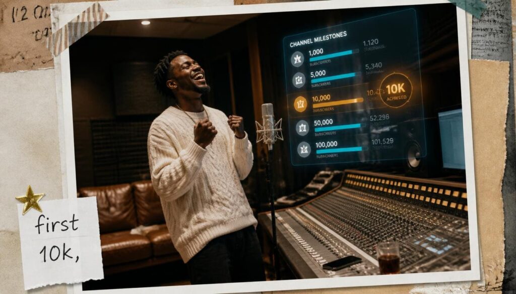 A Nigerian music artiste celebrating reaching milestone metrics on a studio control desk