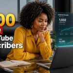 A vibrant Nigerian creator sitting at a sleek office glass desk in Lekki, analyzing real-time channel growth charts on a modern laptop monitor. Include a text overlay “Get 1000 Free YouTube Subscribers “