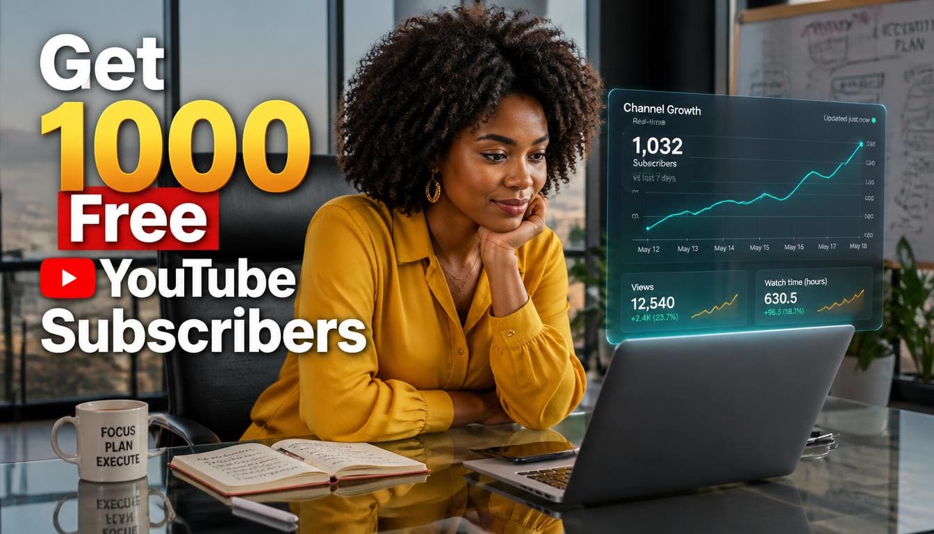 A vibrant Nigerian creator sitting at a sleek office glass desk in Lekki, analyzing real-time channel growth charts on a modern laptop monitor. Include a text overlay “Get 1000 Free YouTube Subscribers “