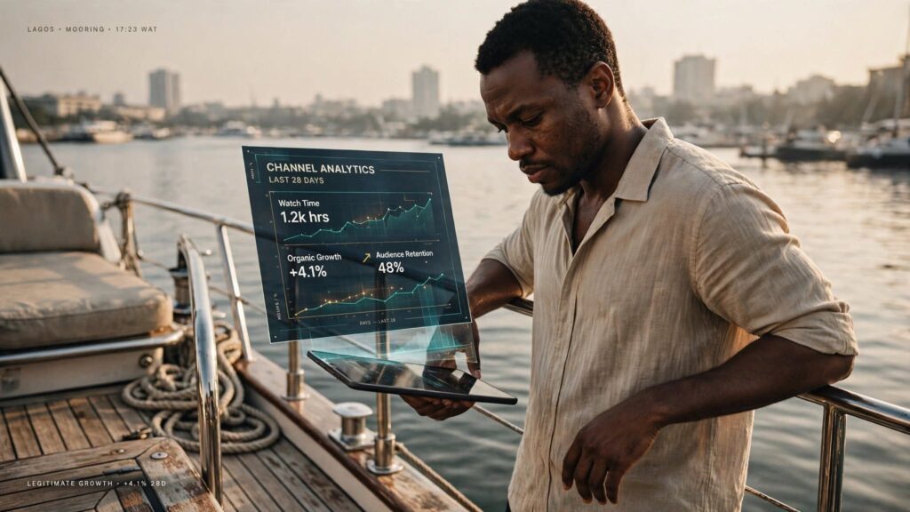 African creator reviewing YouTube followers vs subscribers metrics on laptop