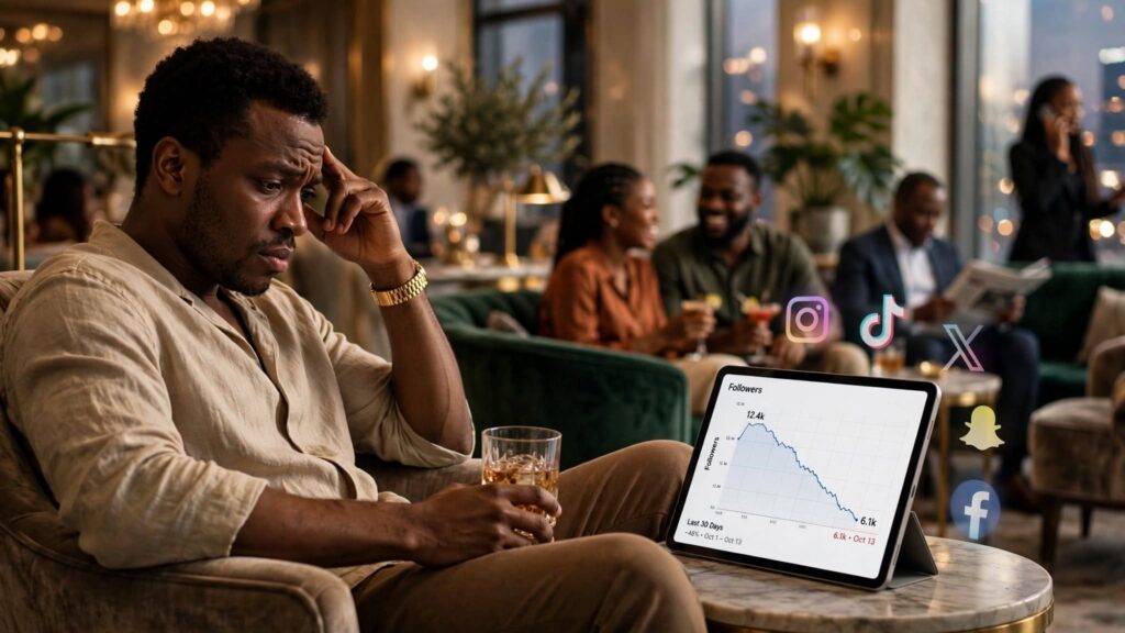 Nigerian content creator checking a dropping line chart on a smartphone in a lounge